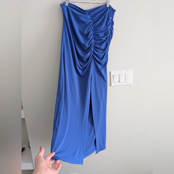 Zara Royal Blue Ruched Midi Skirt Draped Slit XL - Picture 2 of 6